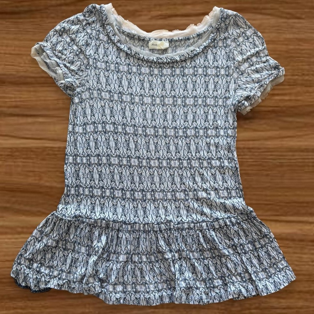 Meadow Rue Blue and White Lace Trim Top